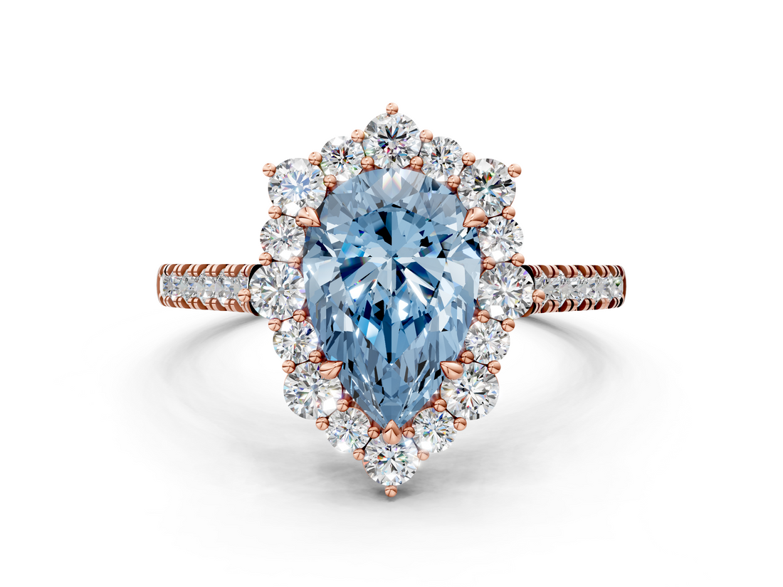 Rose gold Fancy Blue Pear  Halo Diamond Ring with Pavé Band and Prong Setting_21