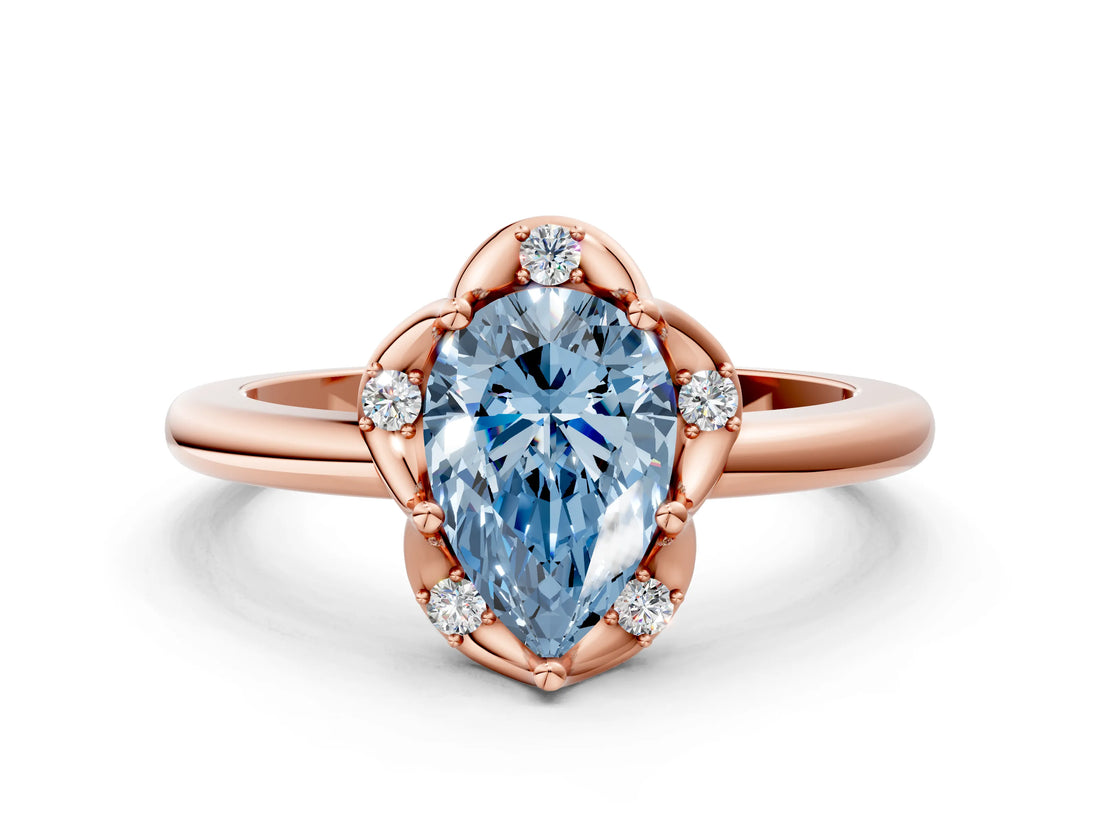 Rose gold Fancy Blue Pear  Halo Diamond Ring with Round Cluster Setting, Solitaire Band, and Four-Prong Setting_85