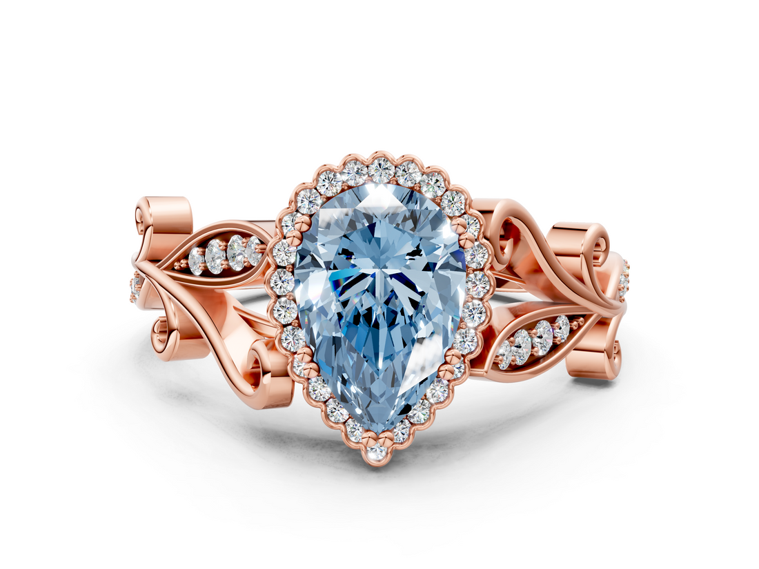 Rose gold Fancy Blue Pear  Halo Diamond Ring with Vintage Split Shank and Four-Prong Setting_18