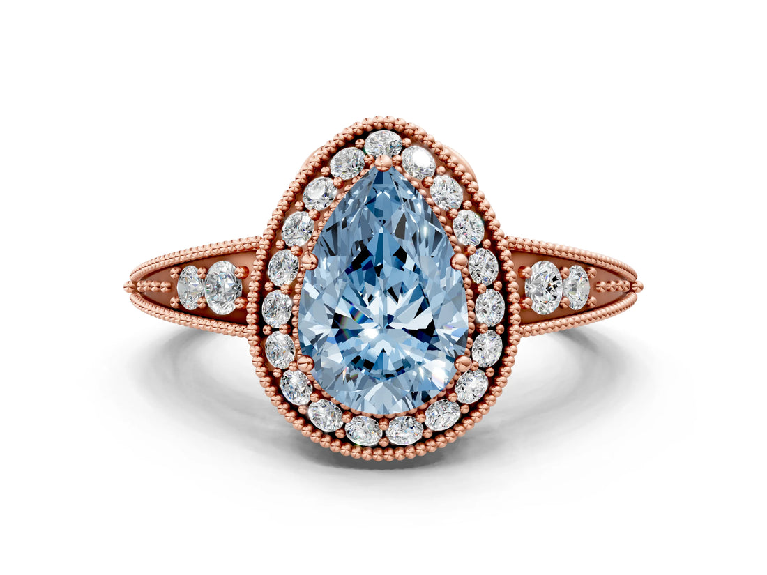 Rose gold Fancy Blue Pear  Halo Diamond Split Shank Ring with Milgrain Detail_48