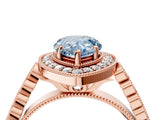 Rose gold Fancy Blue Pear  Halo Milgrain Solitaire with Bezel Set Side Stones and Pave Band_36