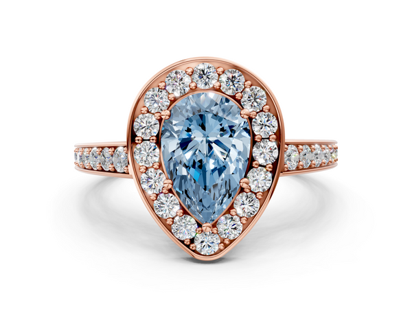 Rose gold Fancy Blue Pear  Halo Pavé Diamond Engagement Ring with Bezel Setting