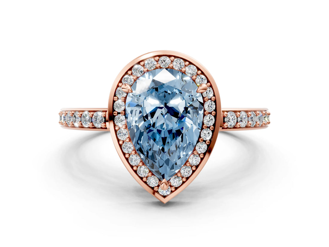 Rose gold Fancy Blue Pear  Halo Pave Band Solitaire Ring with Prong Setting_66