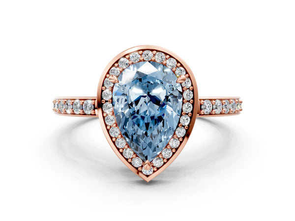 Rose gold Fancy Blue Pear  Halo Pave Band Solitaire Ring with Prong Setting