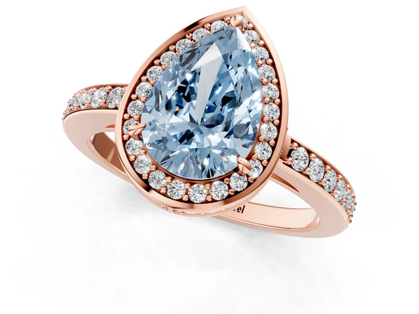 Rose gold Fancy Blue Pear  Halo Pave Band Solitaire Ring with Prong Setting