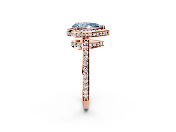 Rose gold Fancy Blue Pear  Halo Pave Band Solitaire Ring with Prong Setting