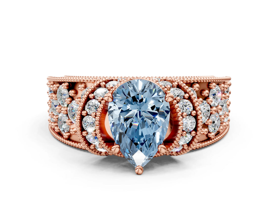 Rose gold Fancy Blue Pear  Halo Pave Diamond Engagement Ring with Milgrain Detailing_49