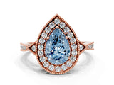 Rose gold Fancy Blue Pear  Halo Round Diamond Milgrain Pave Engagement Ring_3