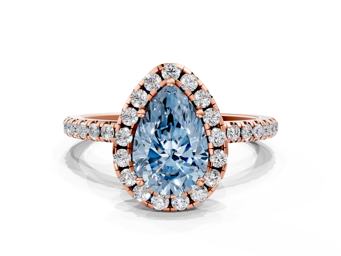 Rose gold Fancy Blue Pear  Halo Round Diamond Pavé Band Four-Prong Ring_3