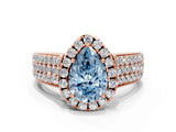 Rose gold Fancy Blue Pear  Halo Round Diamond Pave Band with Prong Setting