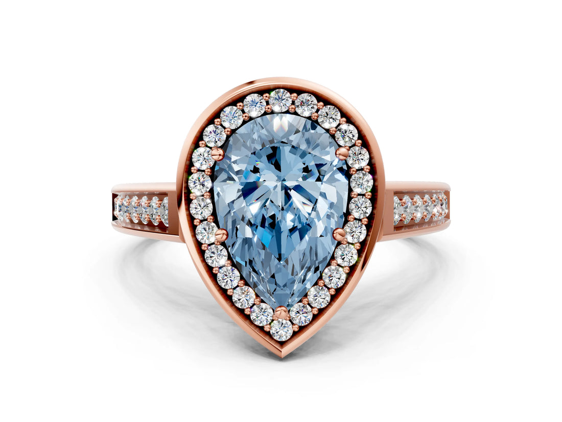 Rose gold Fancy Blue Pear  Halo Solitaire Diamond Ring with Pave Band and Bezel Setting_50