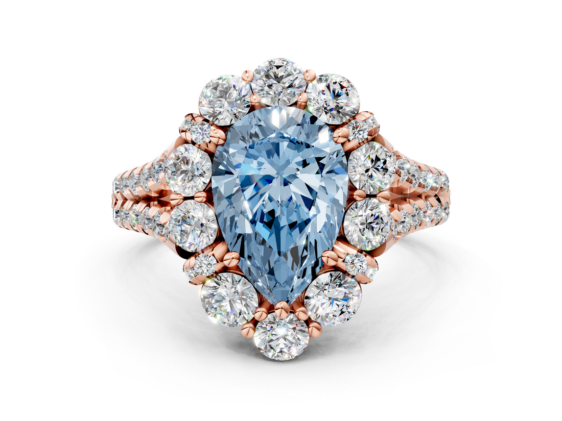 Rose gold Fancy Blue Pear  Halo Split Shank Diamond Engagement Ring with Pave Band and Four-Prong Setting_54