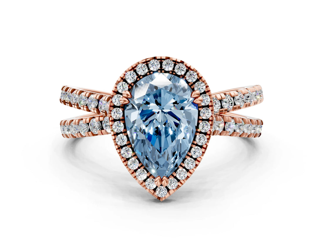 Rose gold Fancy Blue Pear  Halo Split Shank Diamond Ring with Pavé Setting_38