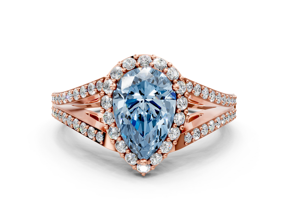 Rose gold Fancy Blue Pear  Halo Split Shank Diamond Ring with Prong Setting_20