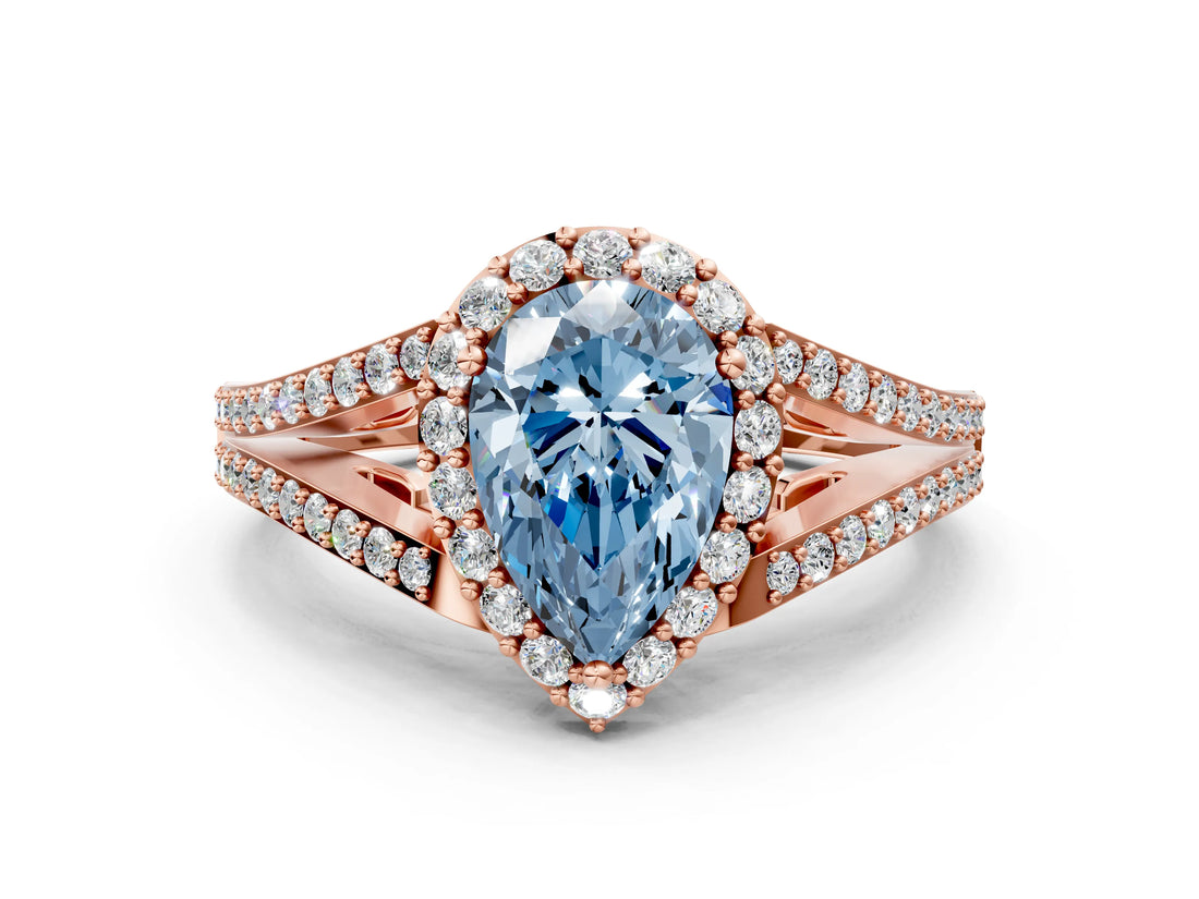 Rose gold Fancy Blue Pear  Halo Split Shank Pave Diamond Ring with Four-Prong Setting_48