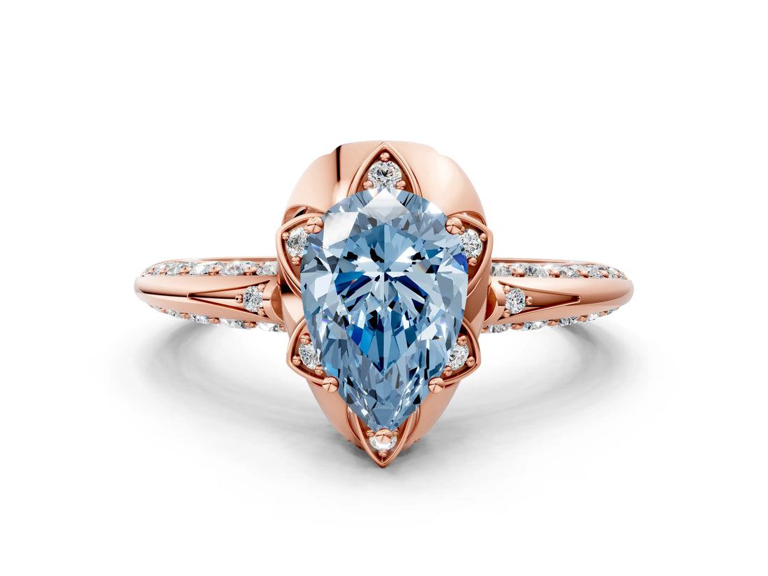 Rose gold Fancy Blue Pear  Halo Split Shank Pave Diamond Ring with Petal Prong Setting_20