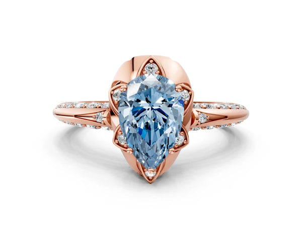 Rose gold Fancy Blue Pear  Halo Split Shank Pave Diamond Ring with Petal Prong Setting