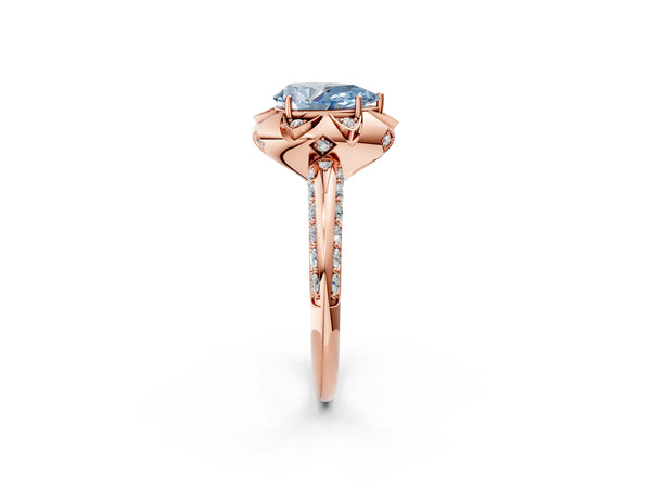 Rose gold Fancy Blue Pear  Halo Split Shank Pave Diamond Ring with Petal Prong Setting