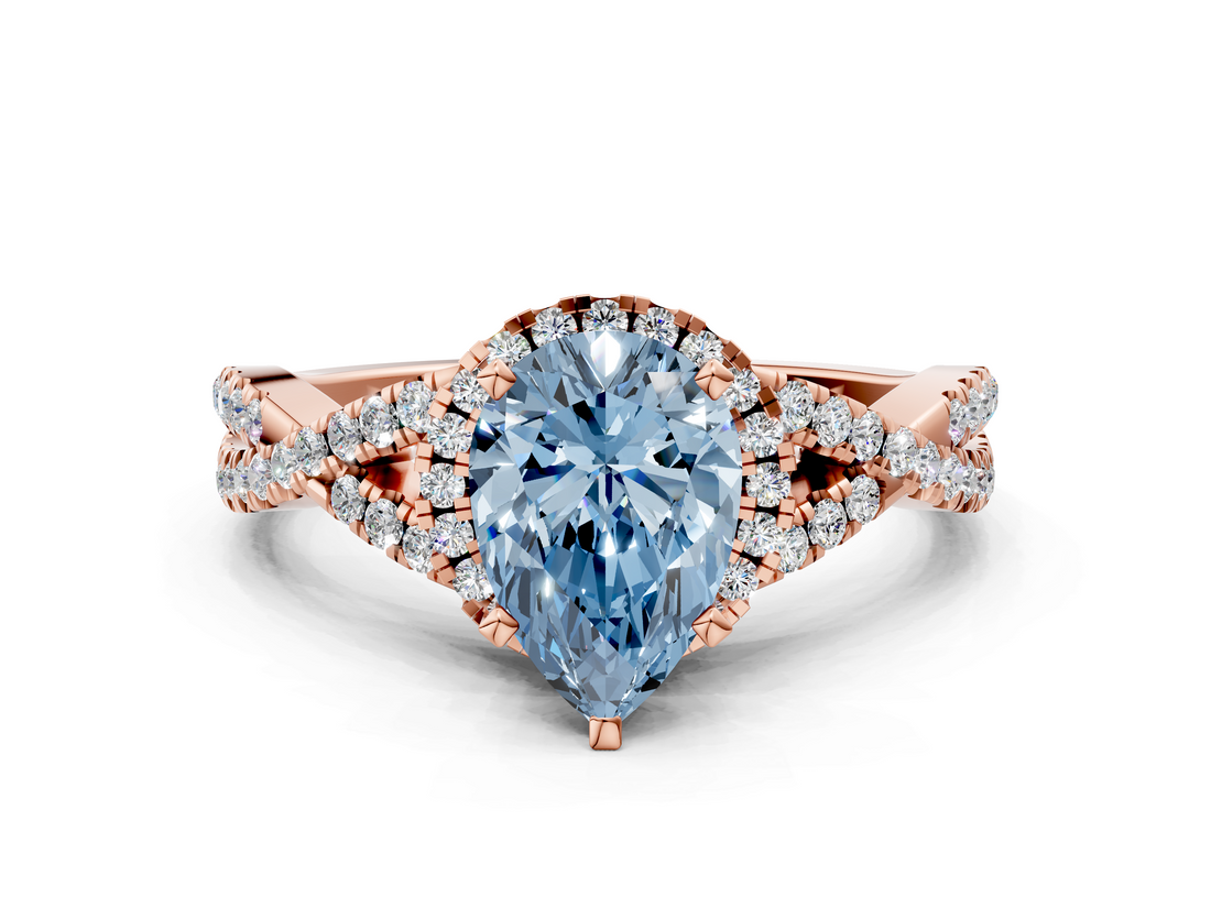 Rose gold Fancy Blue Pear  Halo Twist Band Solitaire Prong Setting Ring_76