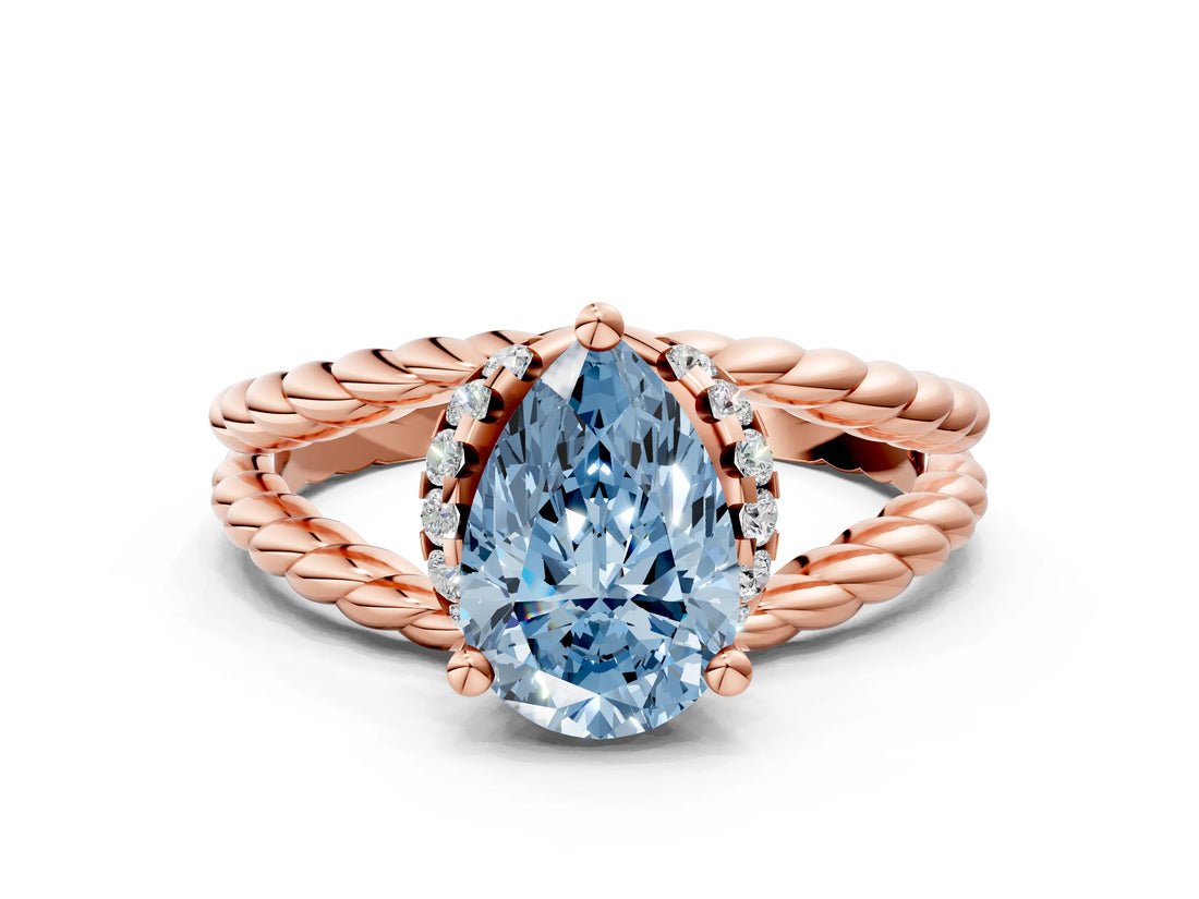 Rose gold Fancy Blue Pear  Halo Twisted Band Four-Prong Ring_32