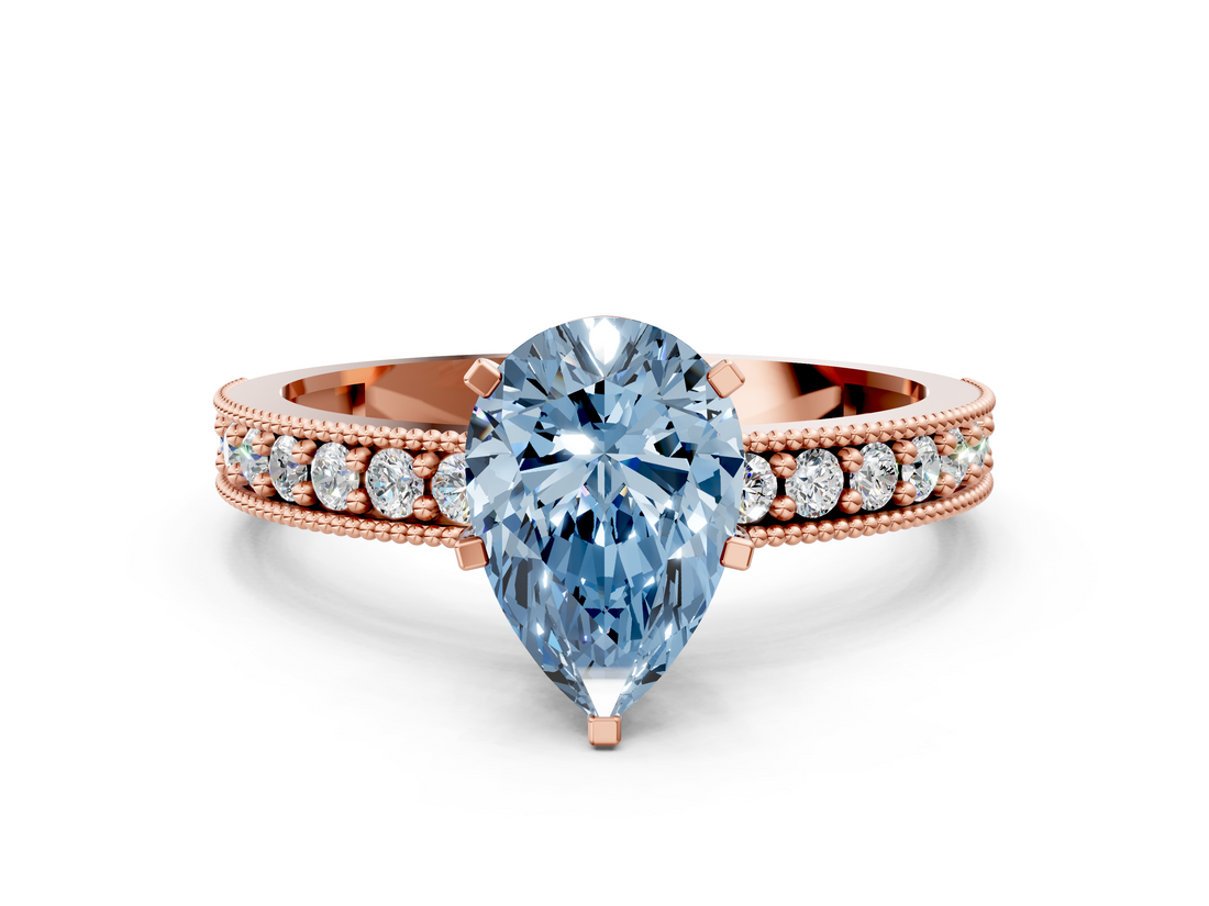 Rose gold Fancy Blue Pear  Milgrain Pave Diamond Engagement Ring with Four-Prong Setting_159