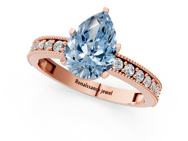 Rose gold Fancy Blue Pear Cut Diamond Milgrain Pavé Engagement Ring with Four-Prong Setting
