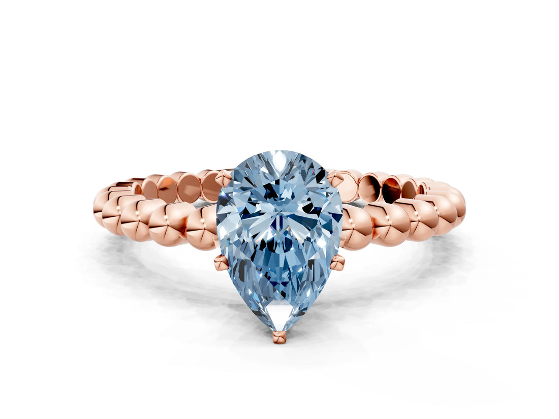 Rose gold Fancy Blue Pear  Solitaire Beaded Band Prong Setting Ring