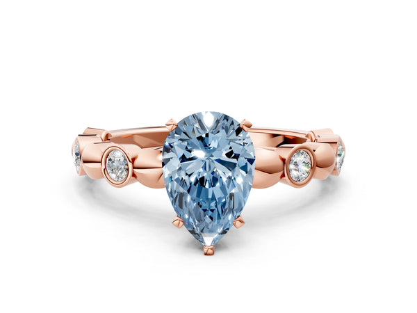 Rose gold Fancy Blue Pear  Solitaire Bezel-Set Diamond Ring with Beaded Band and Four-Prong Setting