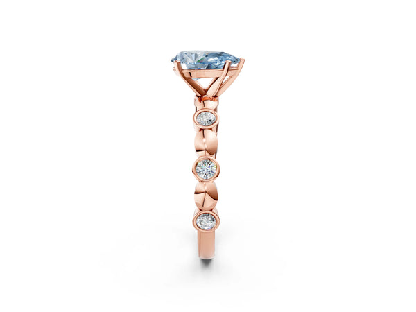 Rose gold Fancy Blue Pear  Solitaire Bezel-Set Diamond Ring with Beaded Band and Four-Prong Setting