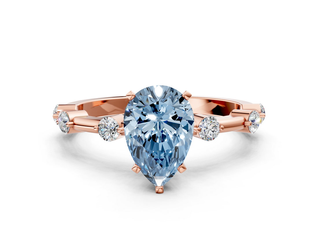 Rose gold Fancy Blue Pear  Solitaire Diamond Ring with Bezel Set Side Stones and Prong Setting_3