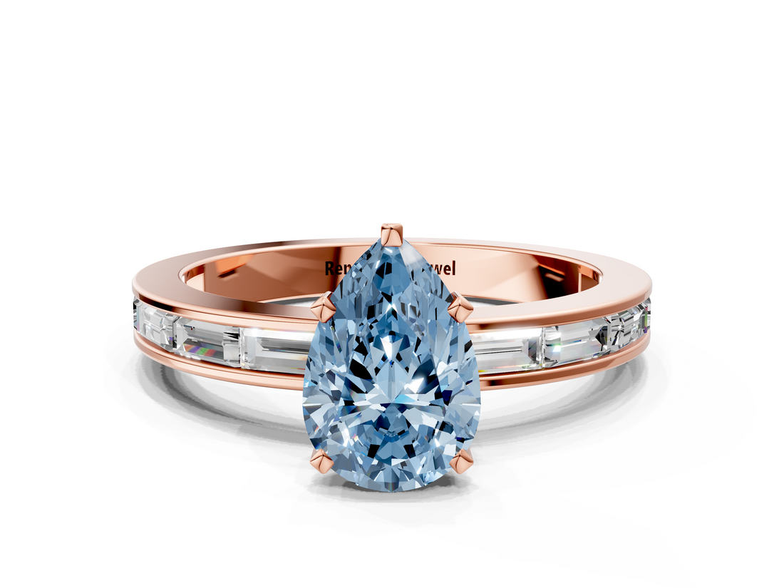 Rose gold Fancy Blue Pear  Solitaire Diamond Ring with Channel-Set Baguette Band and Four-Prong Setting_80