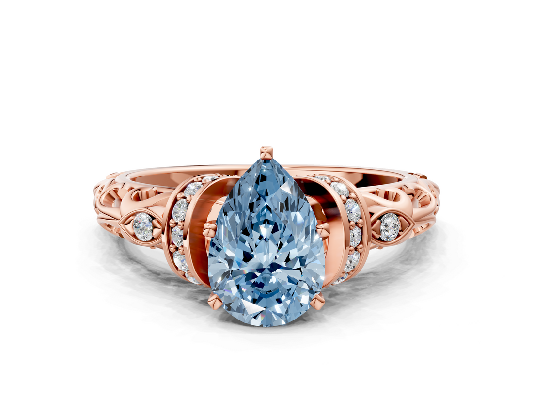 Rose gold Fancy Blue Pear  Solitaire Diamond Ring with Filigree Band and Four-Prong Setting_76