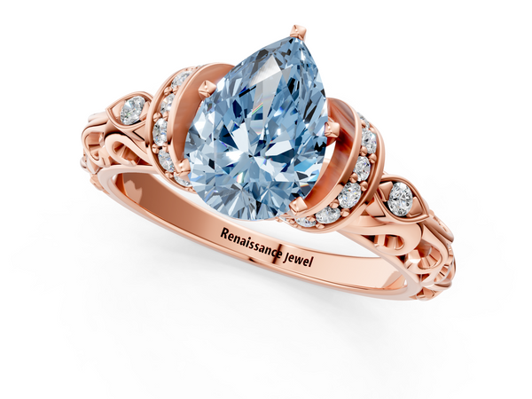 Rose gold Fancy Blue Pear Cut Diamond Solitaire Ring with Filigree Band and Four-Prong Setting