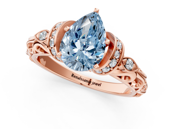 Rose gold Fancy Blue Pear Cut Diamond Solitaire Ring with Filigree Band and Four-Prong Setting