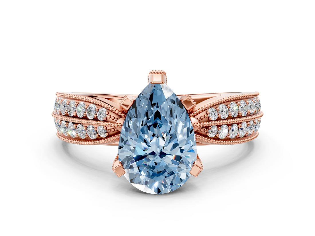 Rose gold Fancy Blue Pear  Solitaire Diamond Ring with Milgrain Pavé Band and Four-Prong Setting_35