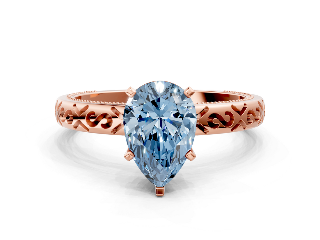Rose gold Fancy Blue Pear  Solitaire Engagement Ring with Scrollwork Band and Four-Prong Setting_136