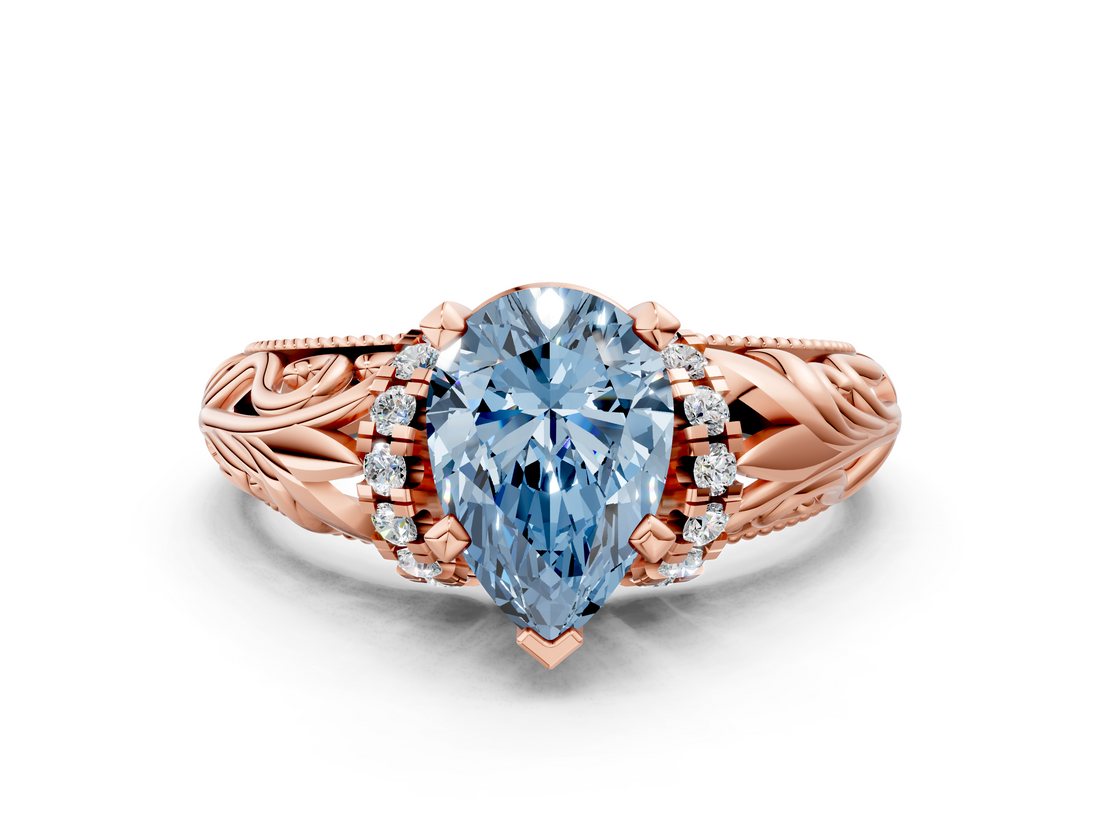 Rose gold Fancy Blue Pear  Solitaire Filigree Engagement Ring with Halo and Prong Setting_49