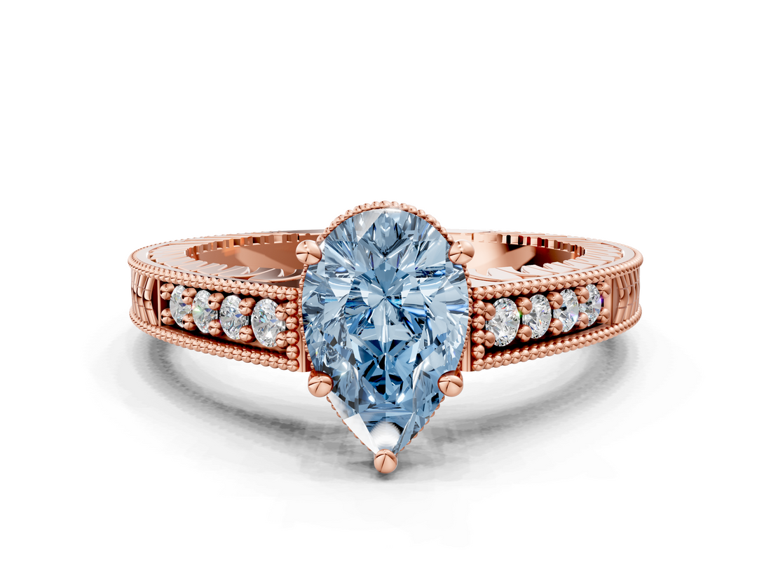 Rose gold Fancy Blue Pear  Solitaire Pavé Diamond Milgrain Engagement Ring with Four-Prong Setting_3