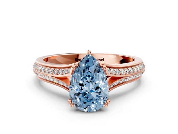 Rose gold Fancy Blue Pear Cut Diamond Split Shank Engagement Ring with Pavé Band