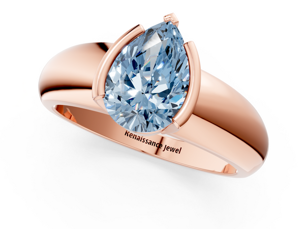 Rose gold Fancy Blue Pear  Solitaire Tension Set Diamond Ring with Wide Band