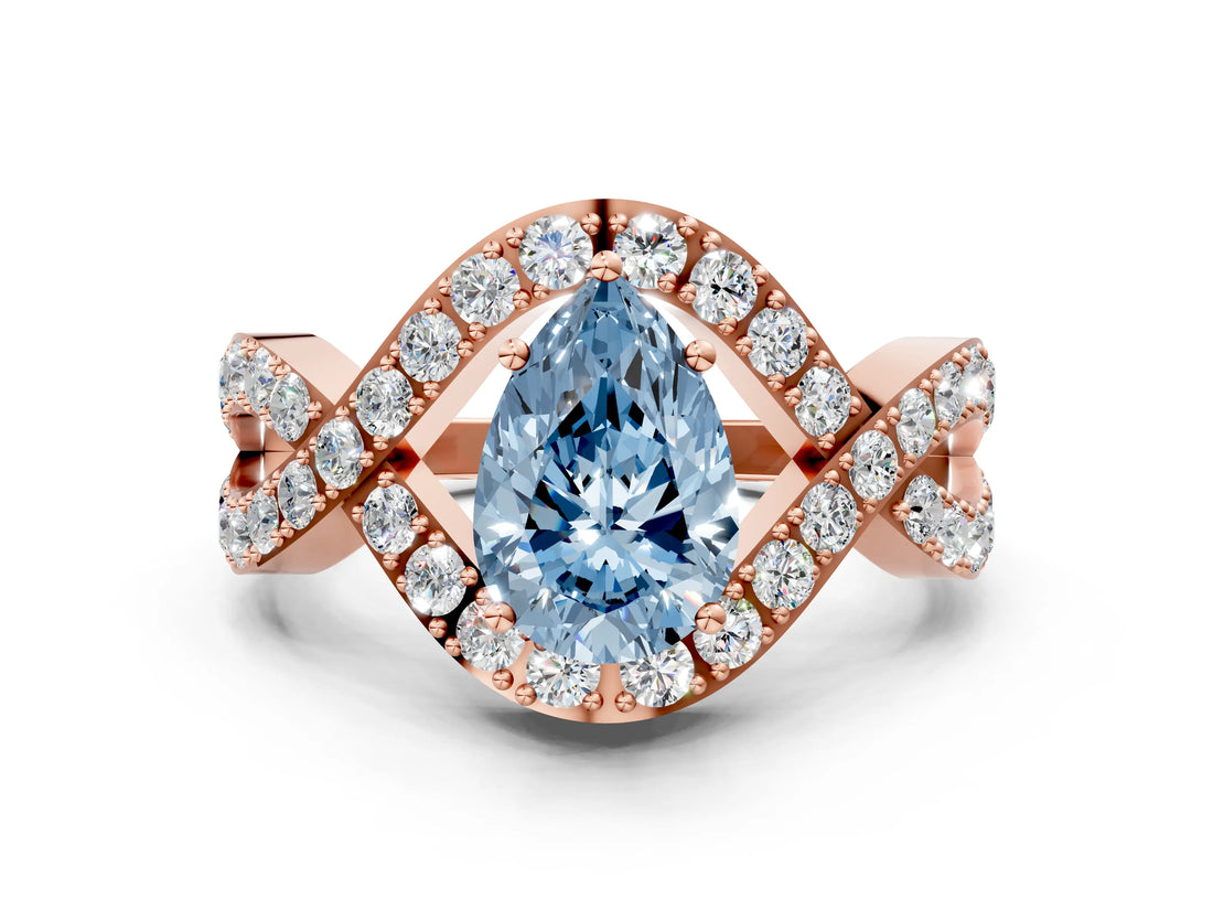 Rose gold Fancy Blue Pear  Solitaire Twist Band Pavé Diamond Engagement Ring_32