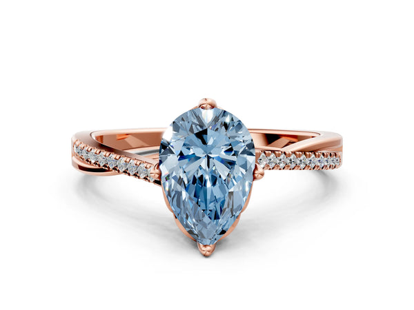Rose gold Fancy Blue Pear  Solitaire Twist Band with Pavé Diamonds and Four-Prong Setting
