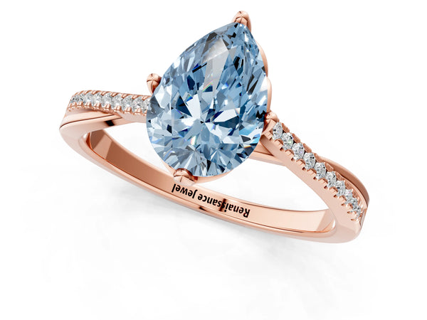 Rose gold Fancy Blue Pear  Solitaire Twist Band with Pavé Diamonds and Four-Prong Setting