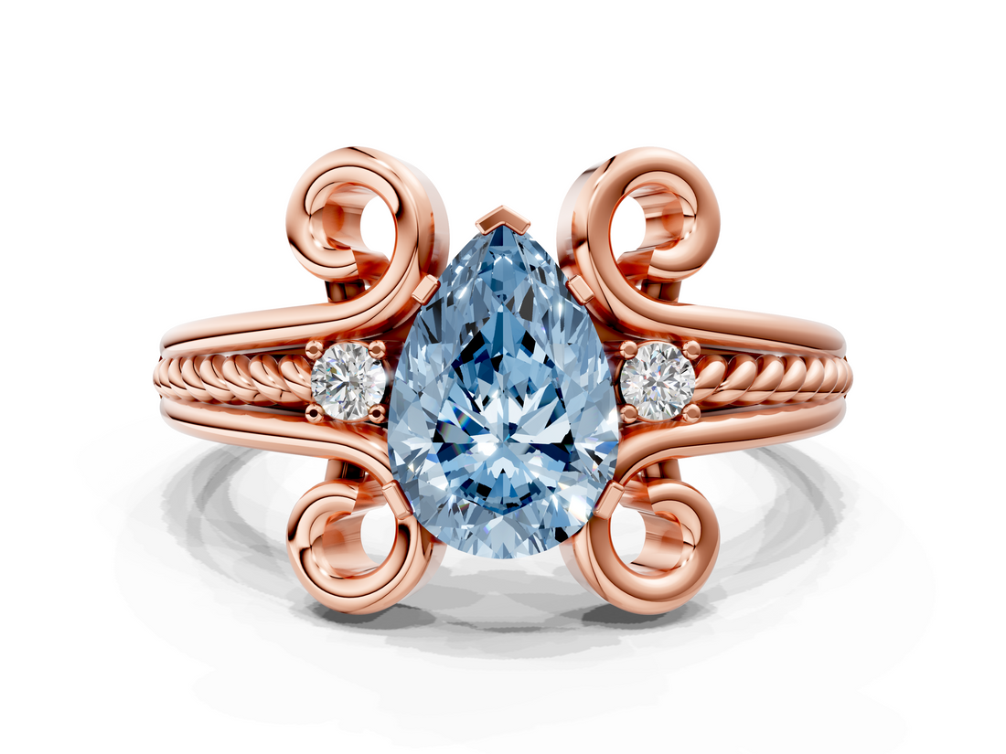 Rose gold Fancy Blue Pear  Solitaire Twisted Band Scroll Prong Ring_3