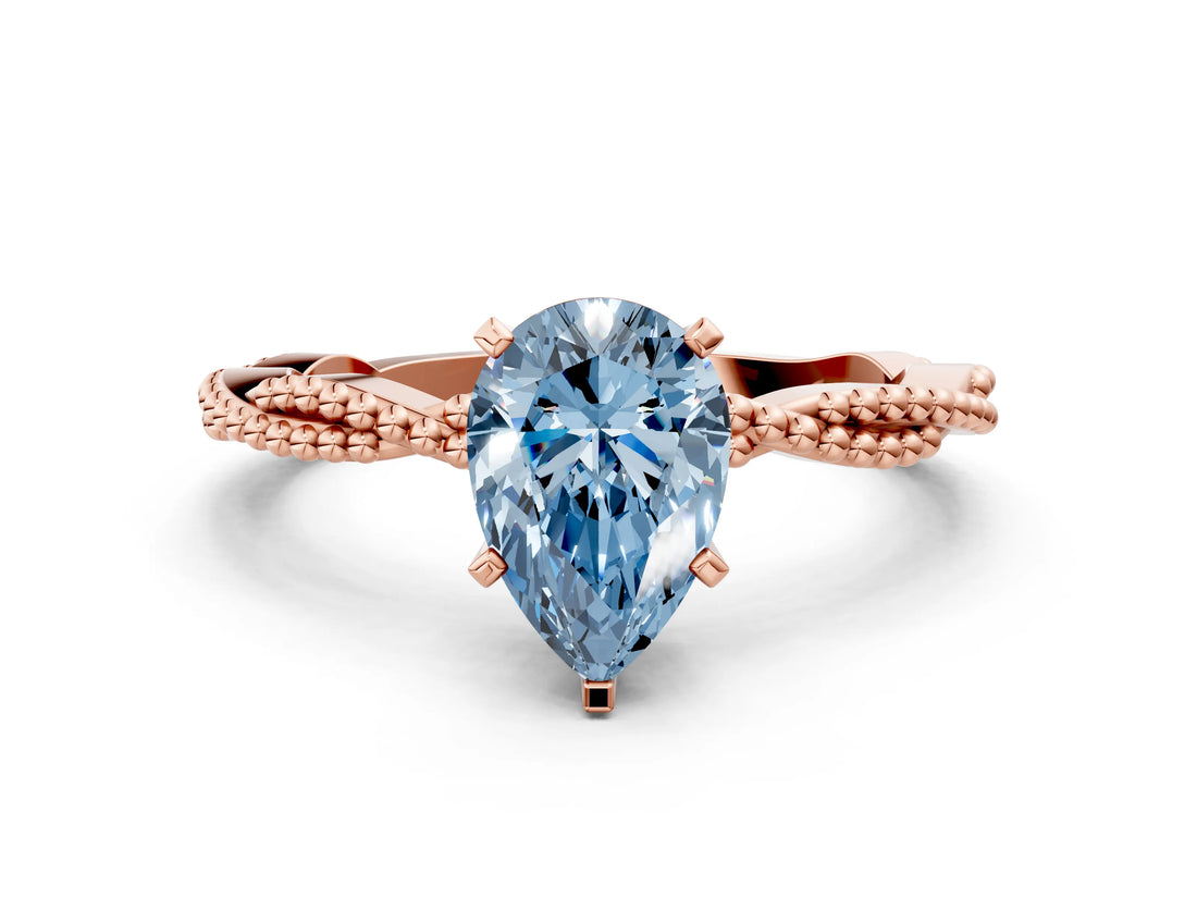 Rose gold Fancy Blue Pear  Solitaire Twisted Band with Bead Prong Setting_399
