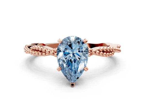 Rose gold Fancy Blue Pear  Solitaire Twisted Band with Bead Prong Setting