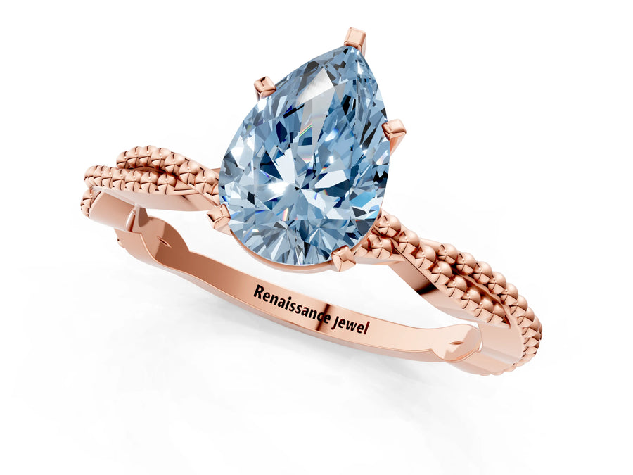 Rose gold Fancy Blue Pear  Solitaire Twisted Band with Bead Prong Setting