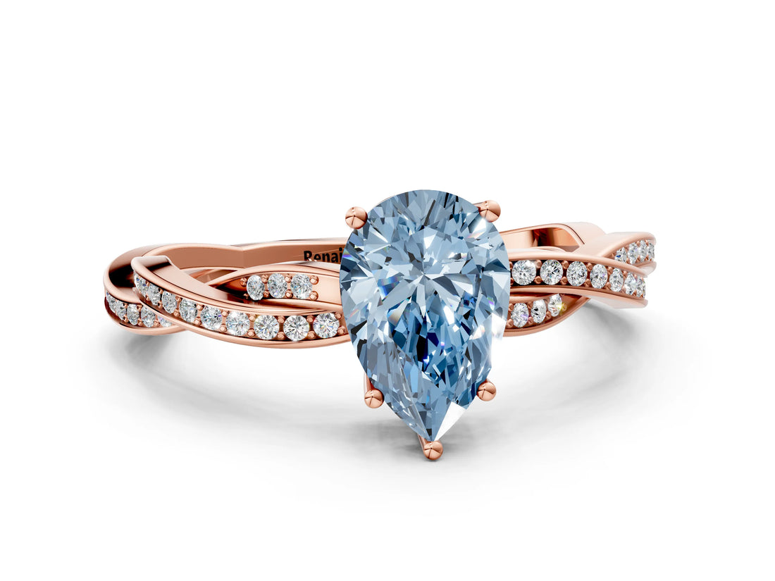 Rose gold Fancy Blue Pear  Solitaire Twisted Pave Diamond Ring with Four-Prong Setting_12