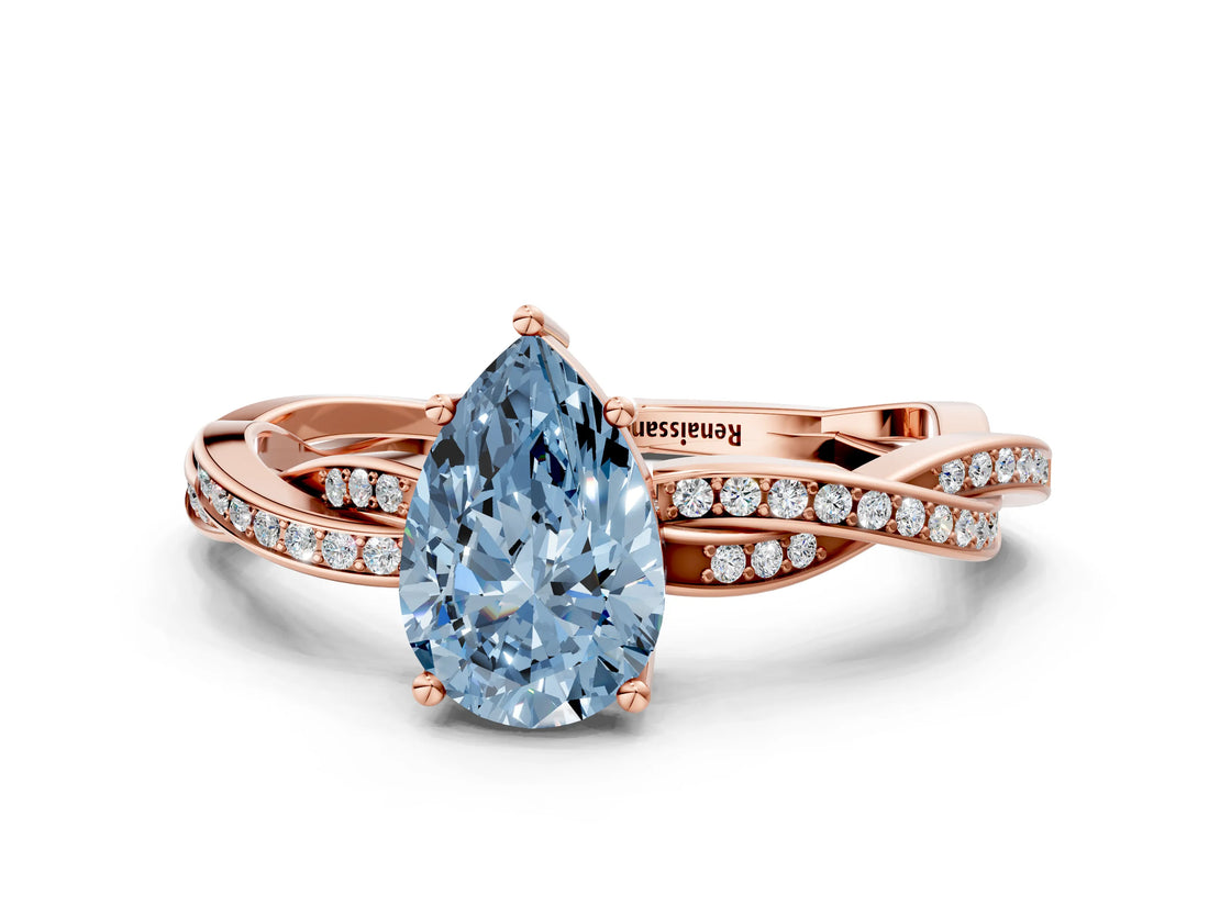 Rose gold Fancy Blue Pear  Solitaire Twisted Pave Diamond Ring with Four-Prong Setting_81