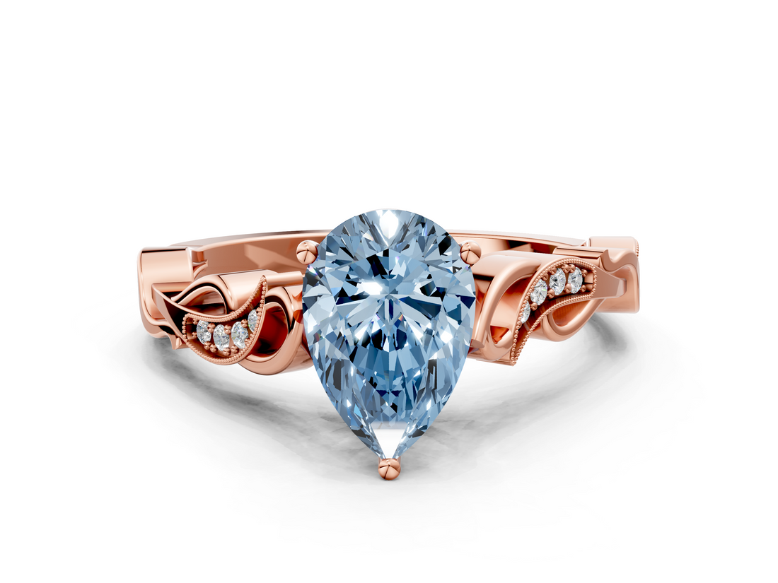 Rose gold Fancy Blue Pear  Solitaire Vine Band with Milgrain Prong Setting_3